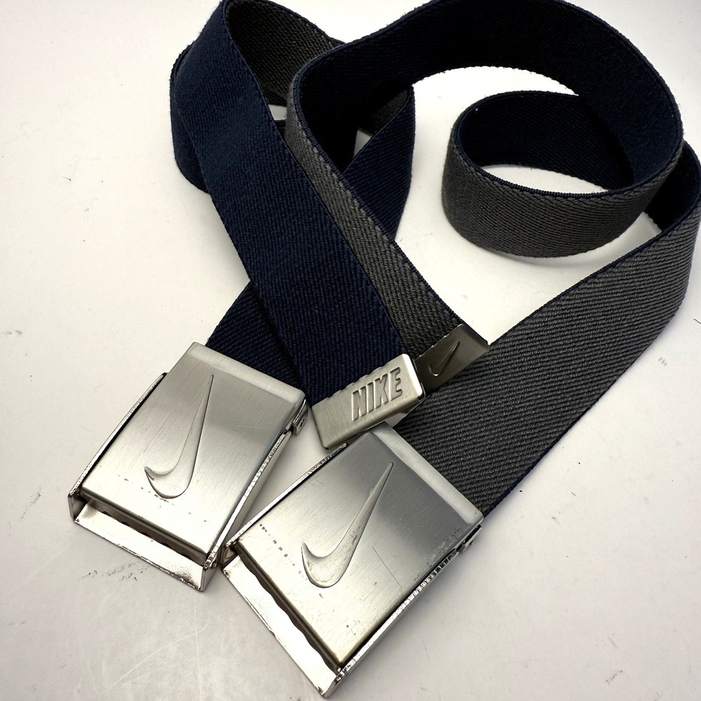 2 Nike Golf Belt Blue Gray Stretch Reversible Silver Buckle Logo 29" 33" Kid